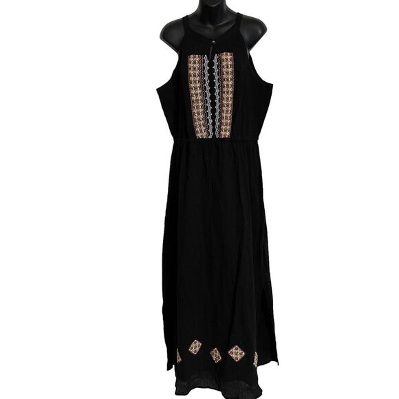 J Peterman Maxi Sleeveless Dress Beaded Embroidered Lined Black Cotton Size‎ 16 - Picture 1 of 12